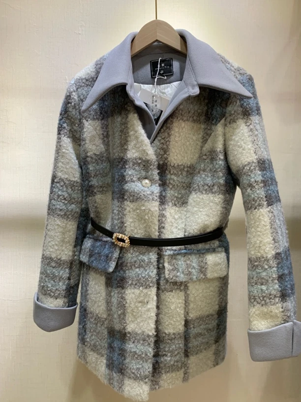 格子羽绒加厚款女装外套时尚毛呢中长款冬季韩版