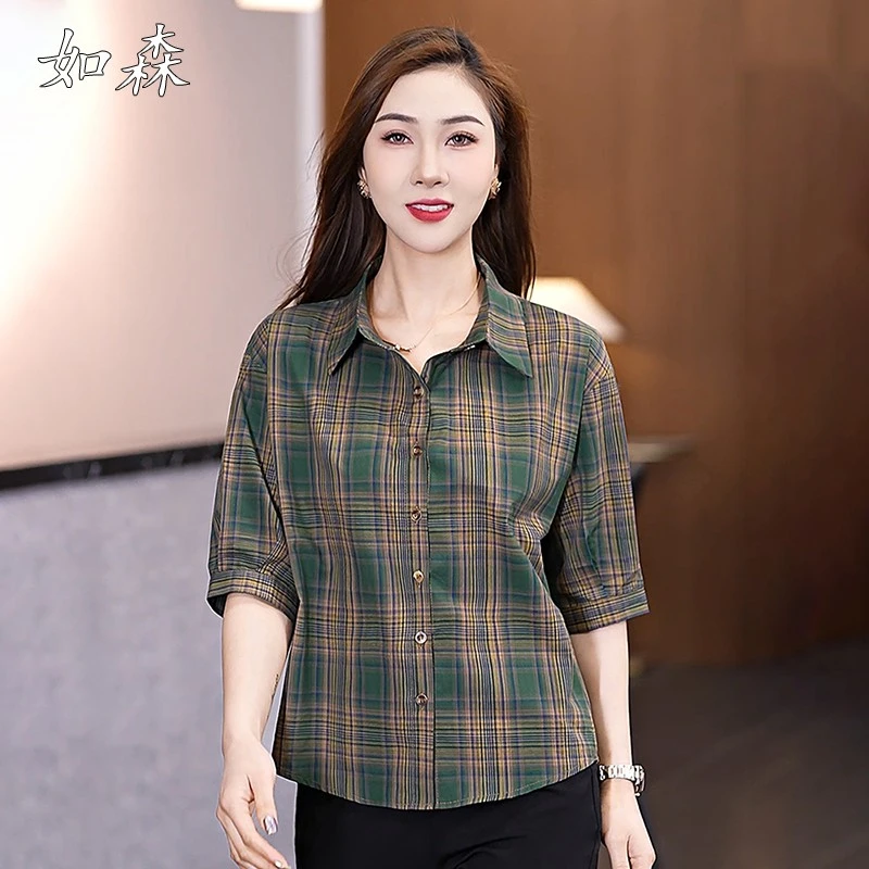 贵系五分袖格子衬衫女2025夏季新款中年妈妈宽松透气减龄中袖上衣