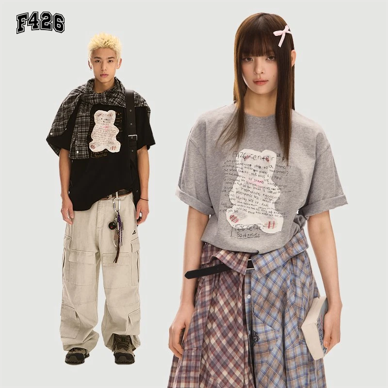 F426国潮夏季新款贴布涂鸦印花短袖T恤常规款短款情侣6838小熊XH