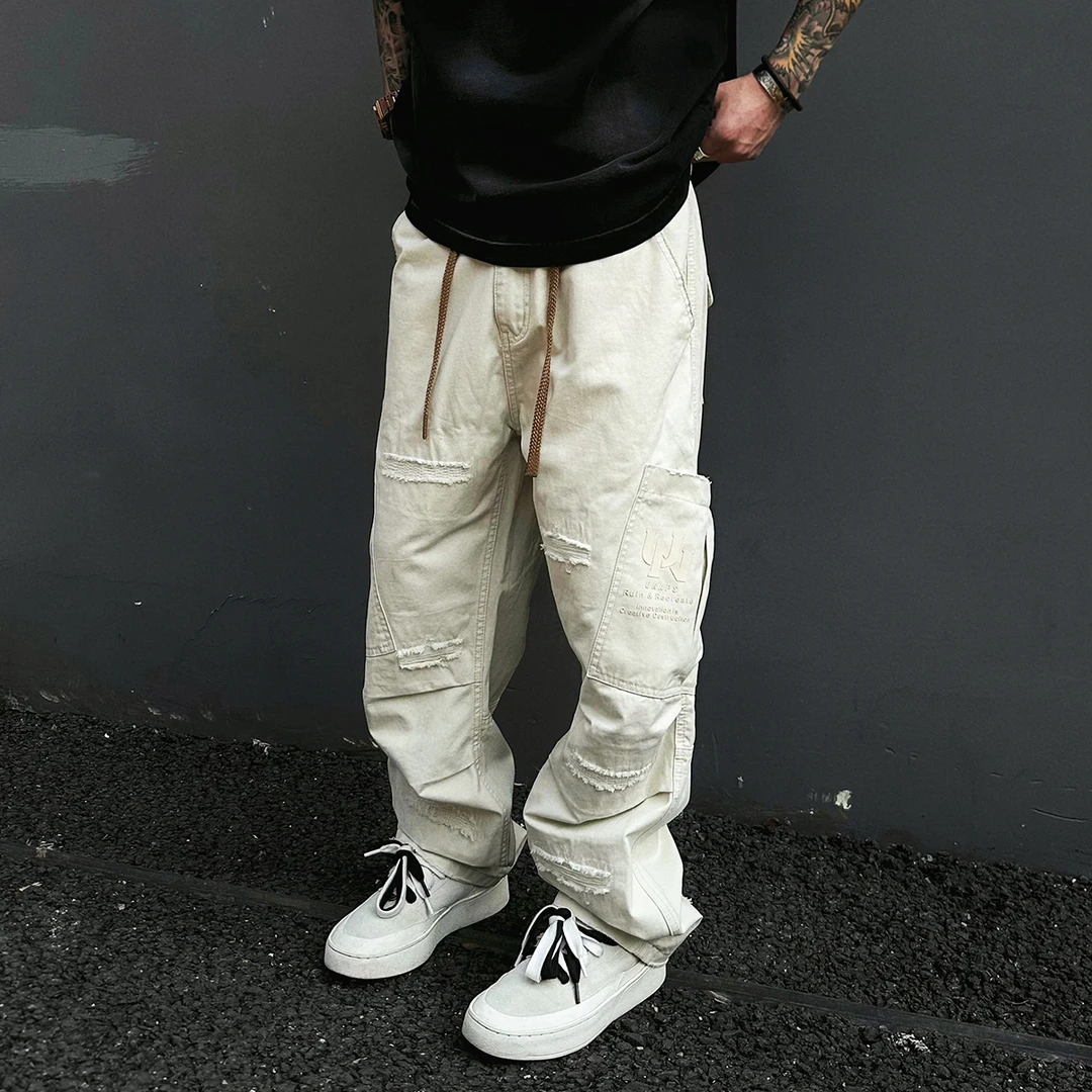 【UNAPS】白麒秋冬复古补丁刺绣工装裤美式松紧腰休闲裤男女直筒裤
