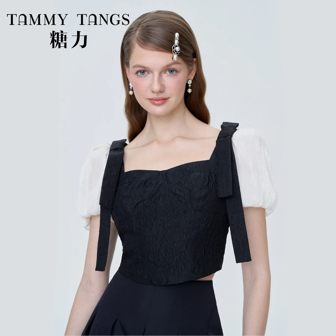 【官号专属】糖力夏季拼色泡泡袖蝴蝶结方领提花上衣短款显瘦