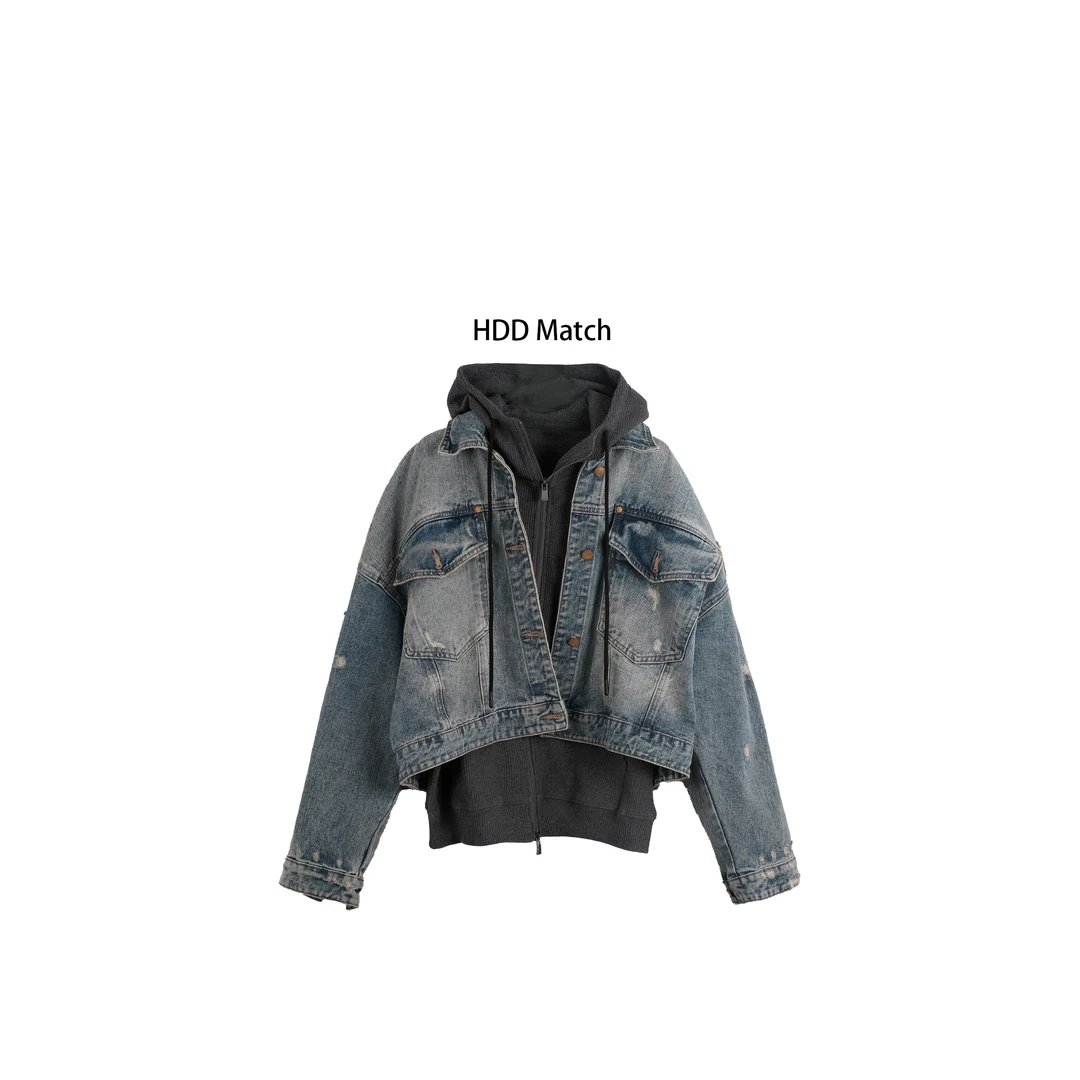 HDD Clothing "恰逢春日"春季女款针织连帽衫+破洞牛仔外套 Y7141