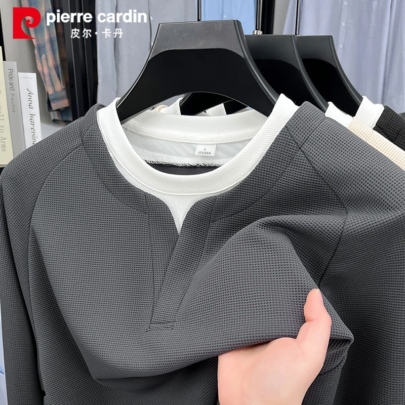 男士假两件圆领卫衣男春秋季宽松华夫格长袖打底衫上衣时尚