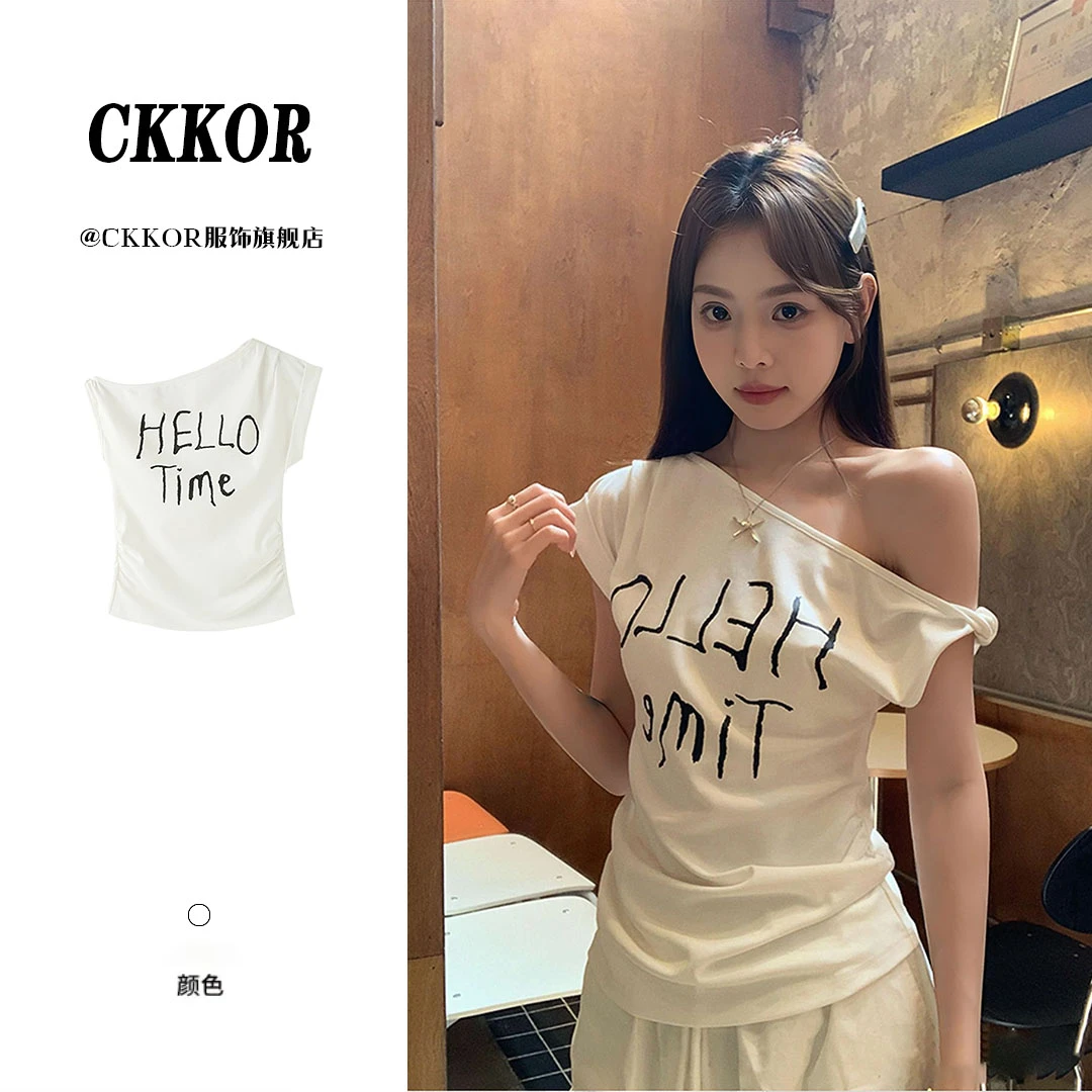 CKKOR斜肩短袖t恤女夏季新款韩系字母印花修身显瘦设计感穿搭上衣