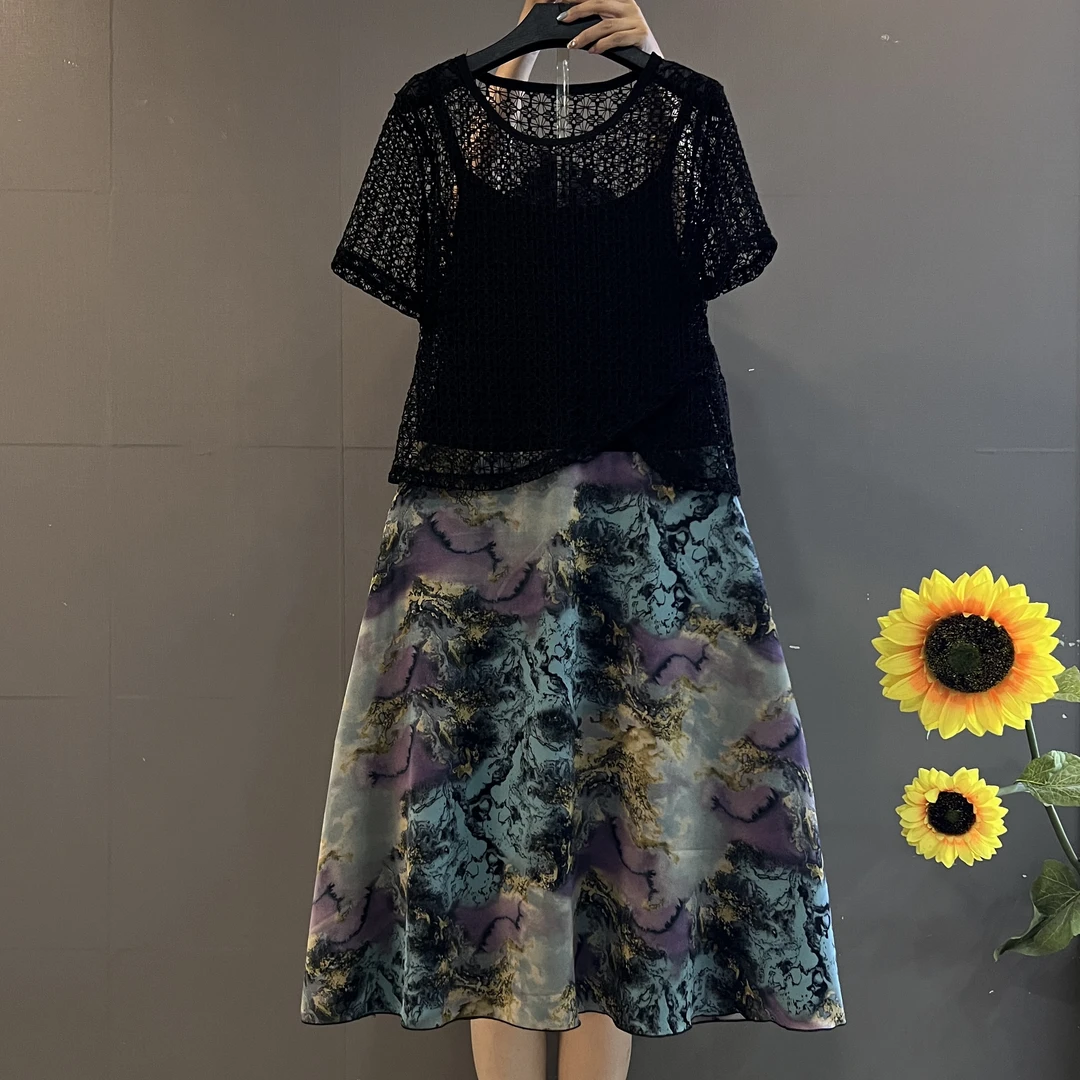 夏季新款防晒镂空套头短袖网衫➕吊带连衣裙洋气显瘦两件套