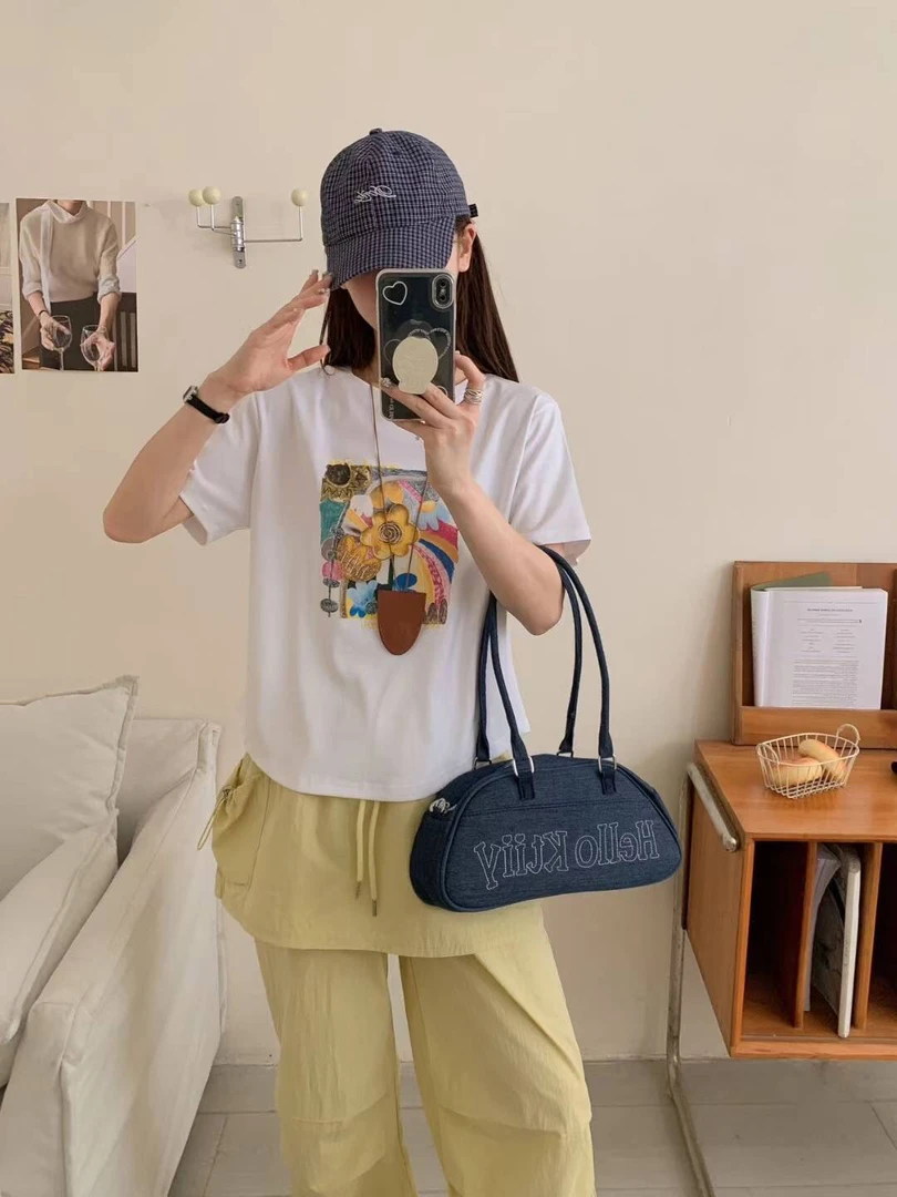 6621韩系插画小花刺绣棉质正肩显瘦短袖T恤女夏显瘦体恤小衫上衣