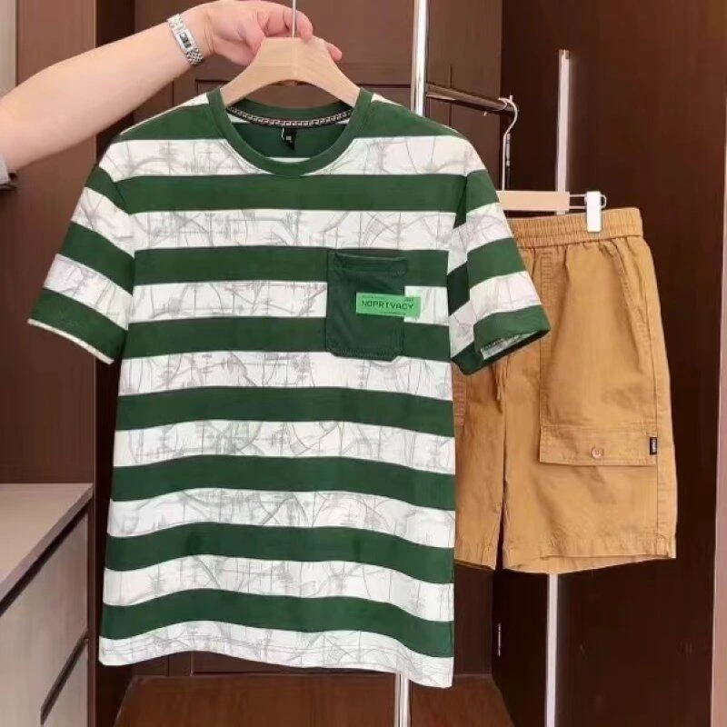 夏季时尚欧版T恤男士条纹棉质大码情侣休闲百搭短袖上衣9541