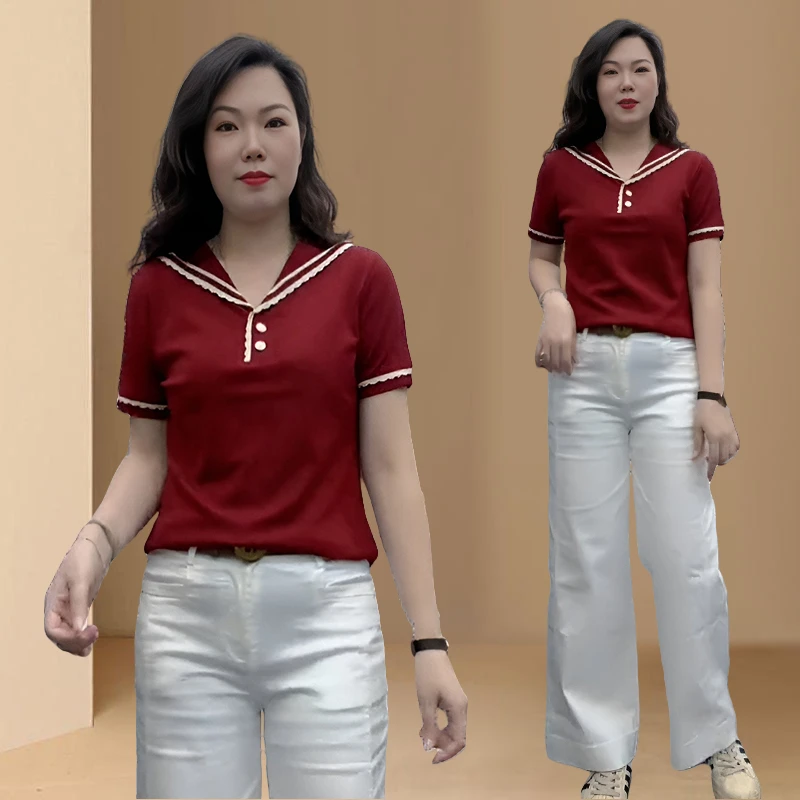 高含棉欧货时髦海军领拼接短袖t恤女2025年夏季新款显瘦百搭上衣