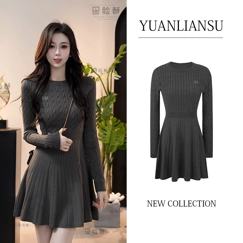 【蓝岛孤鲸】法式复古气质圆领麻花针织连衣裙女