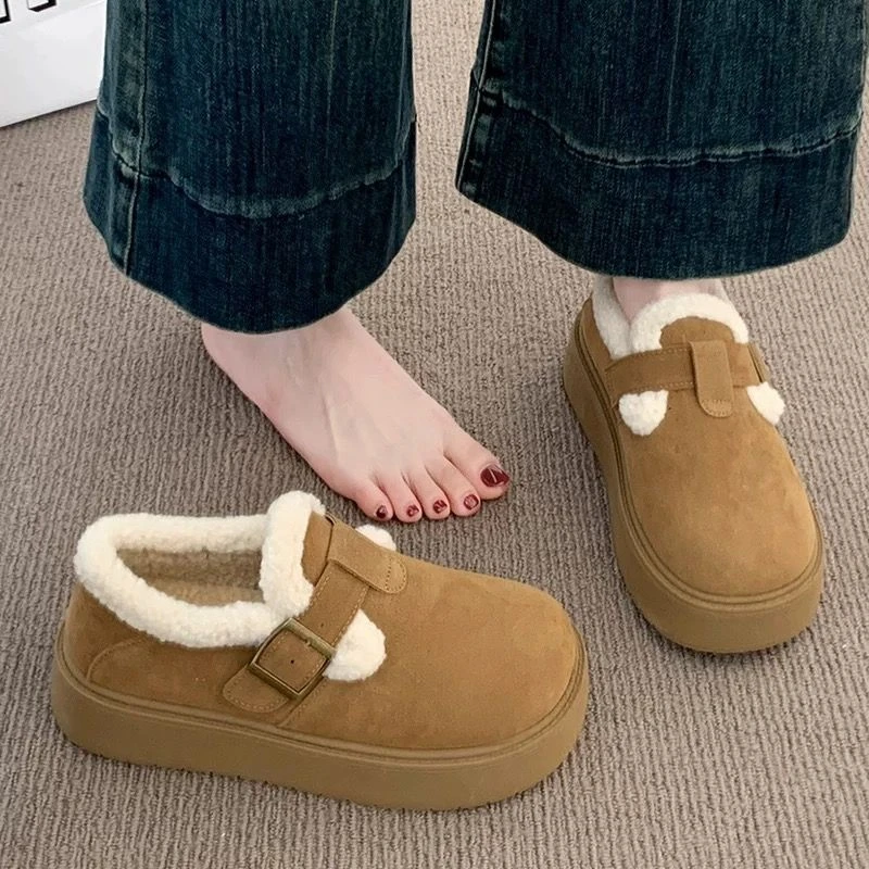 厚底勃肯鞋女2025秋冬季新款加绒全包雪地棉鞋一脚蹬乐福毛毛棉鞋