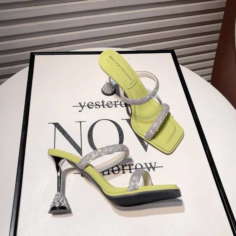 5CM法式露趾细跟气质时尚夏季仙女钻一字拖纯色高跟方头百搭外穿