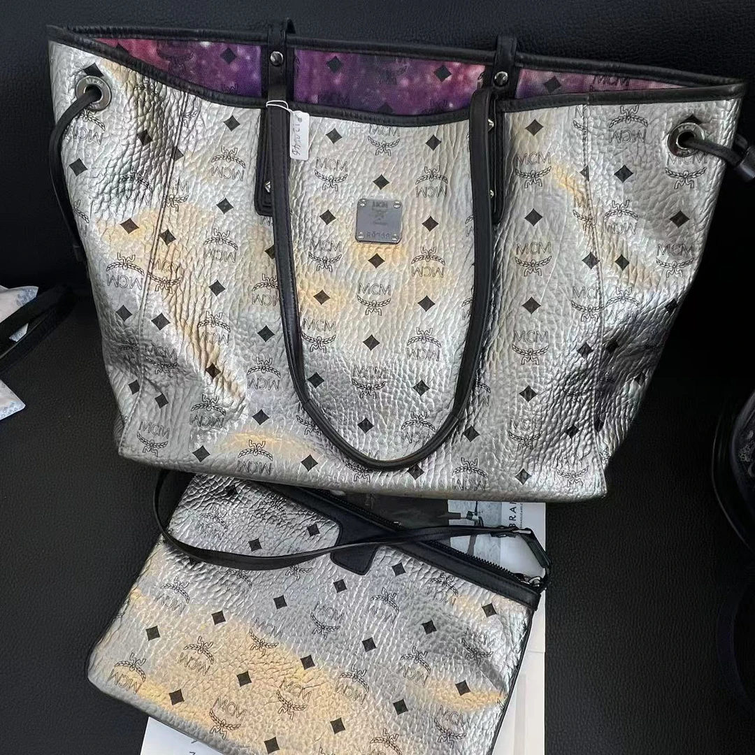 99新 MCM 大麦中古/mcm银色大托特/子母包/腋下