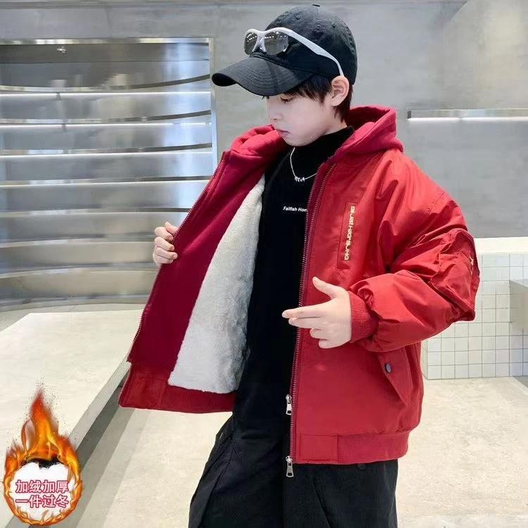 圆领假两件加棉加厚外套男童加绒冬季中大童派克服潮流洋气韩版