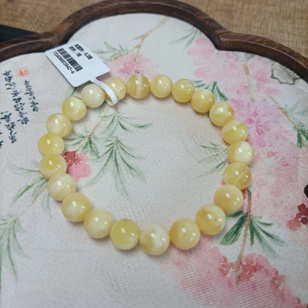 8+天然黄白花小精品蜜蜡圆珠手串~俄料原矿~3942-4