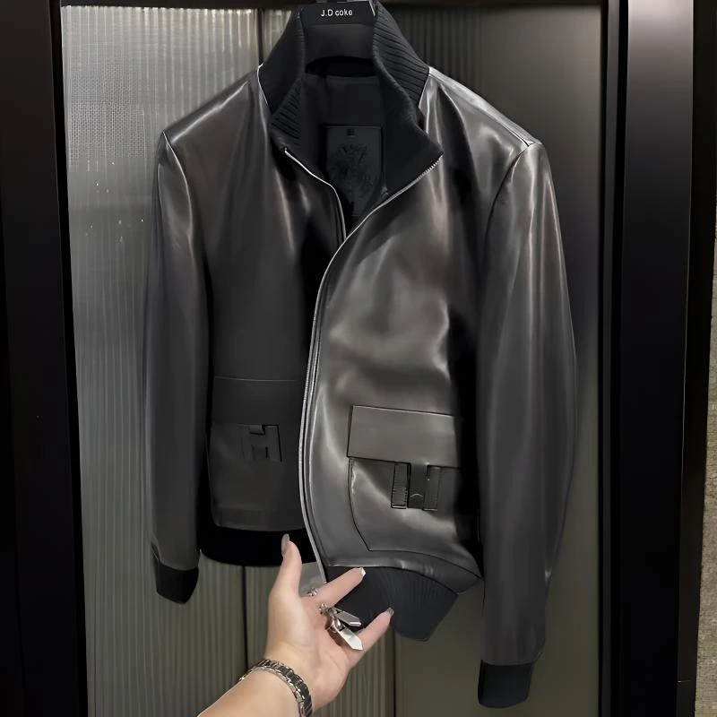 爆款秋季新款男士针织立领皮夹克外套25019