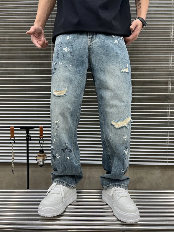 「609」秋男平腰直筒裤破洞印花时尚潮流宽松时尚百搭洗水软牛仔