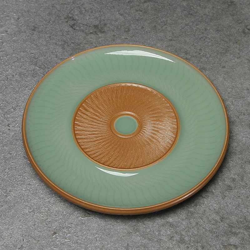 本土斋青瓷手工弟窑梅子青草木灰双釉结合壶承壶托圆形小干泡茶器