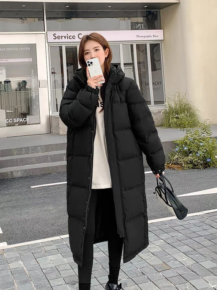 中长款羽绒服女2025新款冬季加厚过膝中戏同款黑色外套连帽可拆卸
