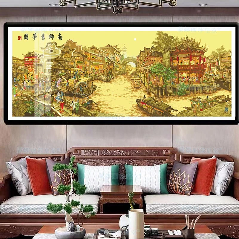 纯手工十字绣成品南乡旧梦图江南水乡风景客厅装饰人工绣好的出售