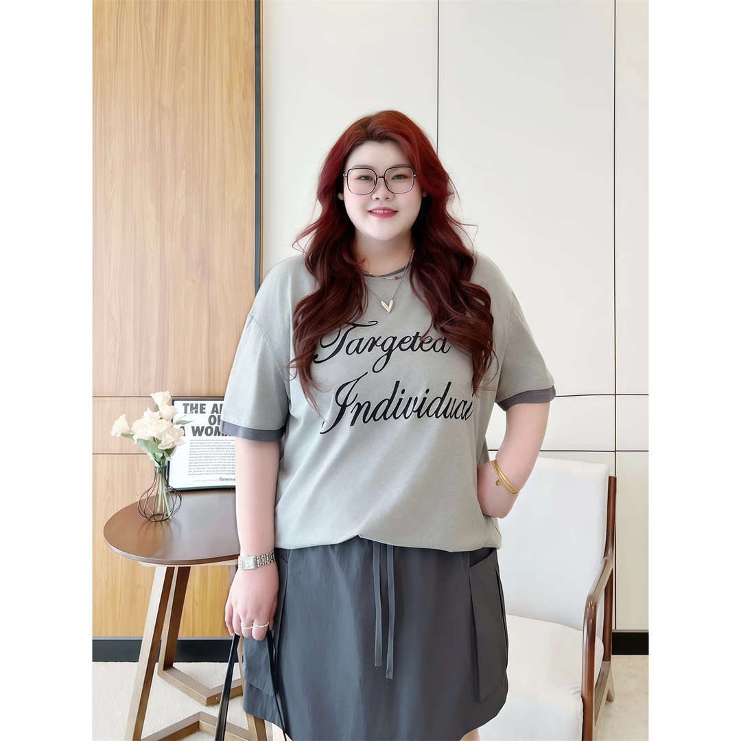 大码女装夏季时尚百搭花契200斤胖mm亲肤冰瓷棉假两件T恤15153