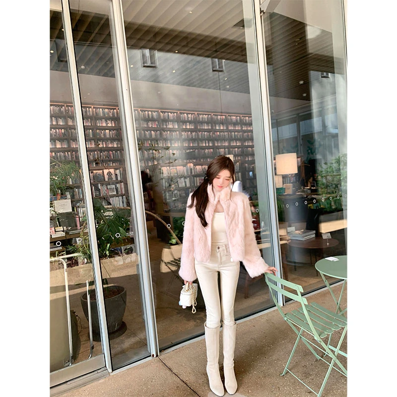 2025秋冬甜美风洋气高级感毛毛长袖外套高腰修身显瘦白色裤子套装
