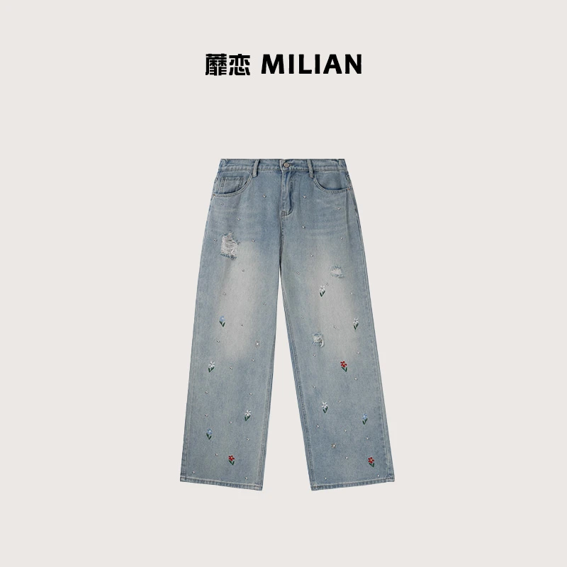 【蘼恋】春季新款气质钉珠刺绣破洞直筒牛仔裤- ST1736