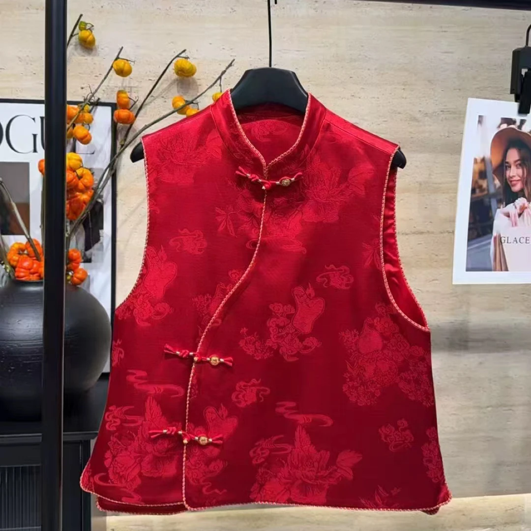 72991新中式国风重工刺绣盘扣提花红色马甲女秋冬气质