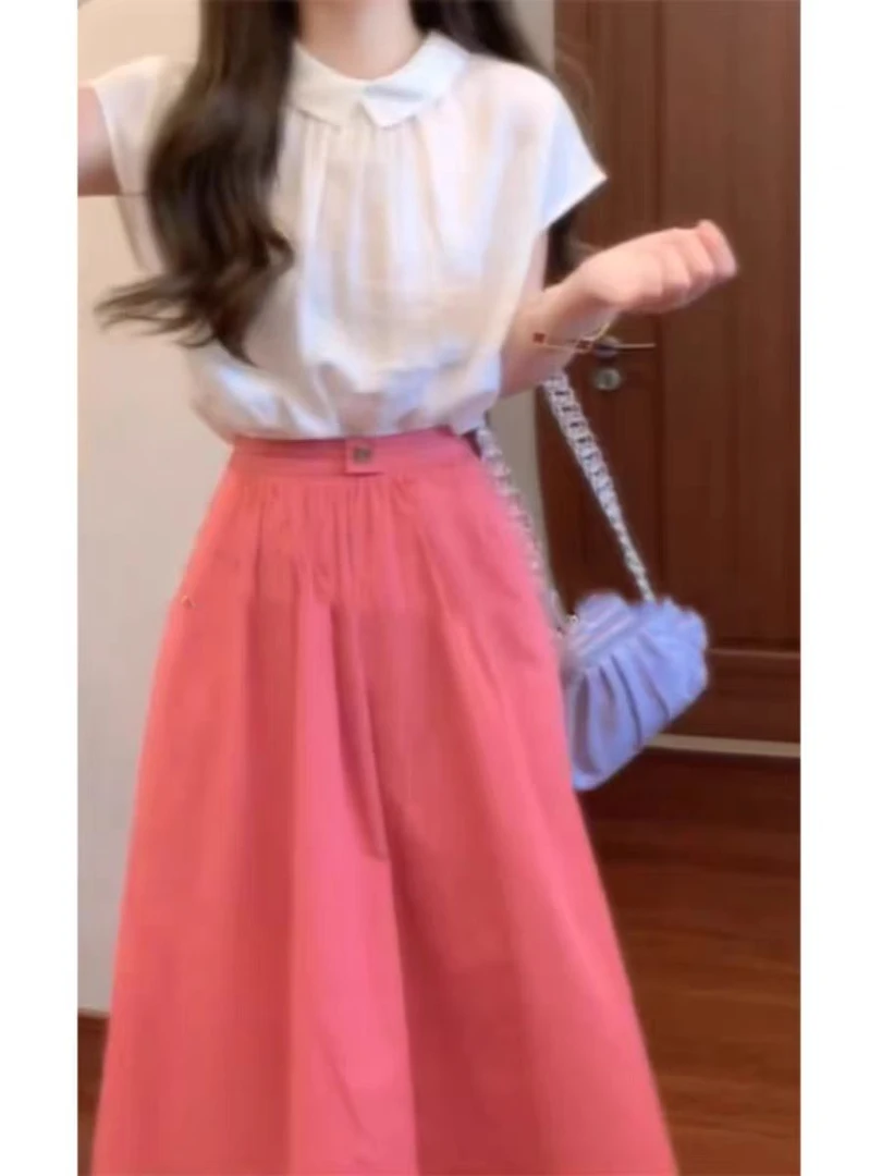 2025夏季新款女装套装女韩版时尚上衣甜美高腰中长半身裙子两件套