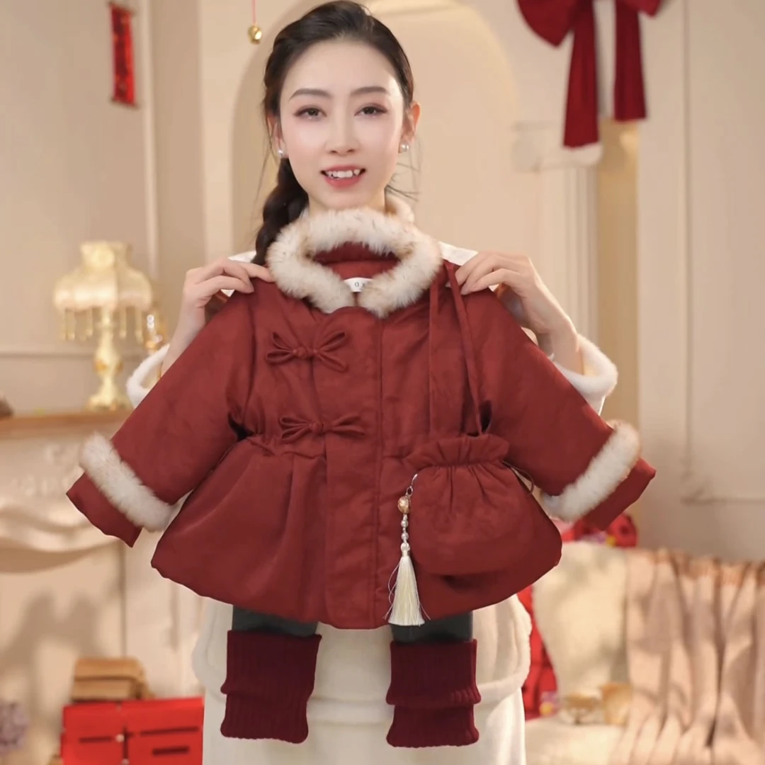 儿童装女童宝宝新中式中国风冬季保暖红色加绒加厚拜年棉服24185