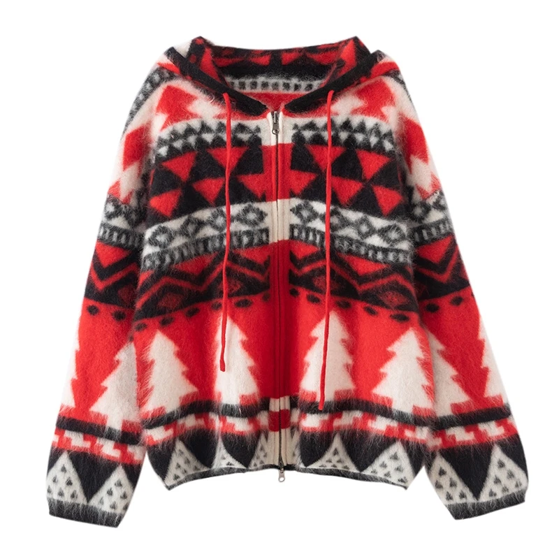 秋冬加厚拉绒拼色连帽山羊绒针织女款宽松外套