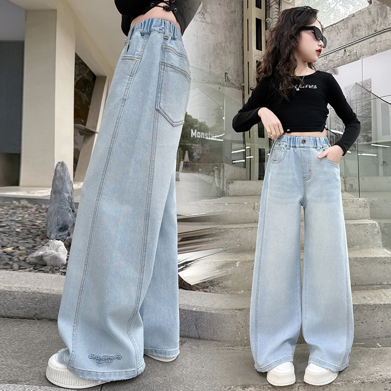 女童阔腿牛仔裤2025新款春秋季大童儿童拼接休闲裤子春装直筒宽松