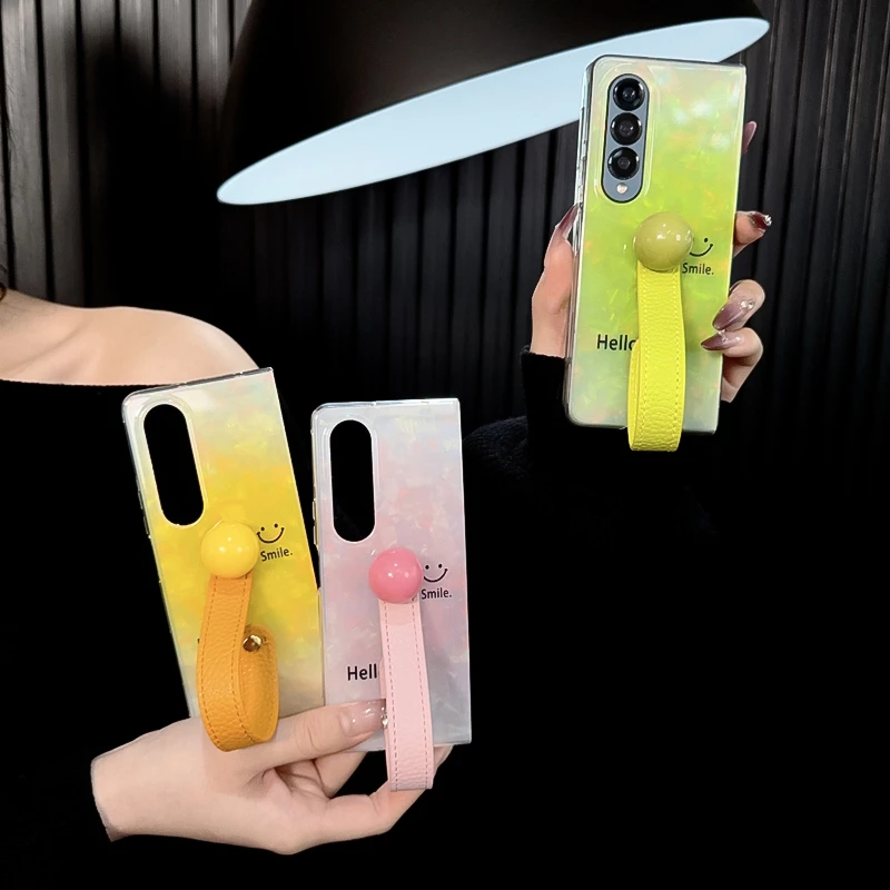 适用三星zfold4手机壳新款galaxy套zfold4贝壳纹渐变色笑脸手提女