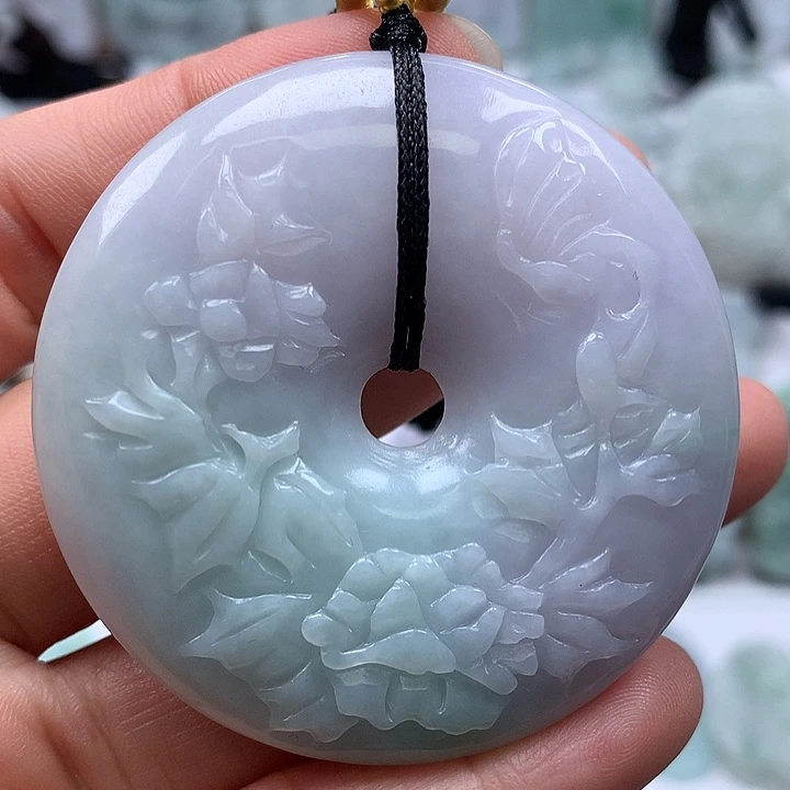翡翠未镶嵌颈饰花开富贵平安扣两面工艺福利