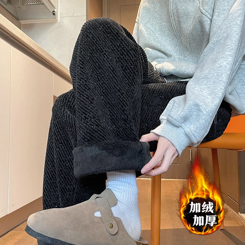 行止由心小香风裤子男秋冬学生直筒雪尼尔阔腿裤慵懒宽松休闲卫裤