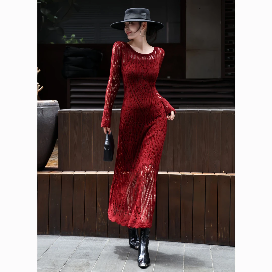 ZEROYK轻熟女人味气质套装设计感镂空蕾丝打底吊带+连衣裙两件套