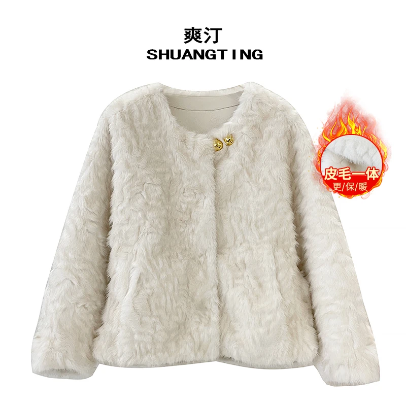 Jokara/丘可儿【柳含烟】加厚宽松外套气质保暖皮毛一体短款上衣冬