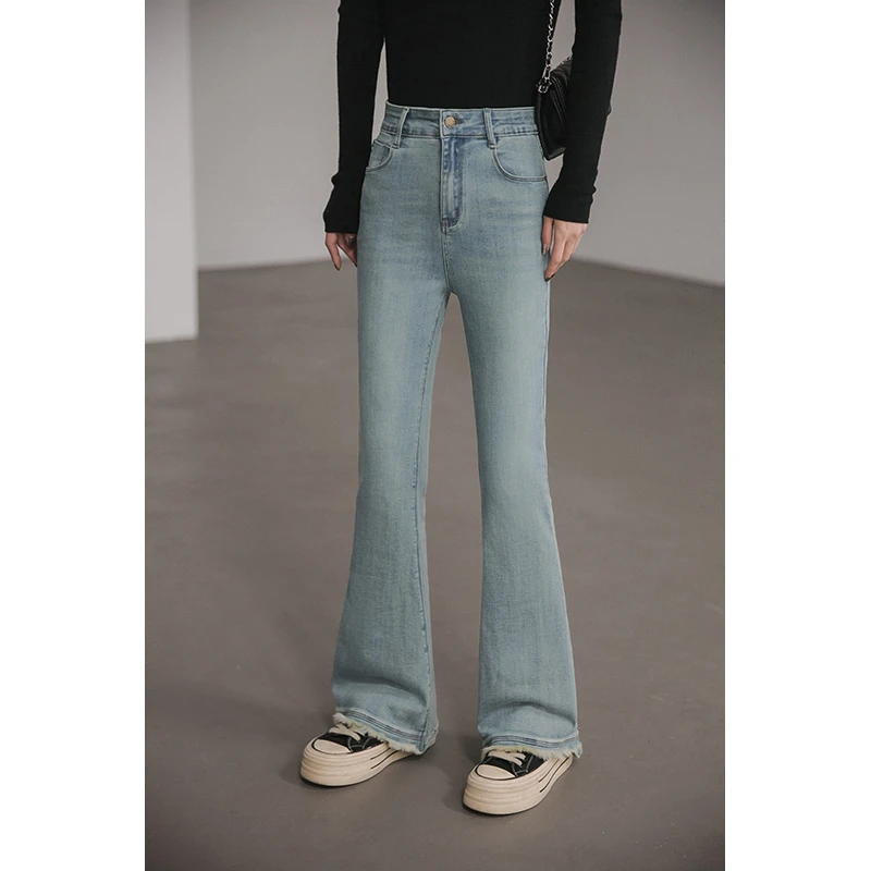 小谷粒毛边微喇裤 设计感紧身牛仔裤女春季款小个子高腰显瘦长裤