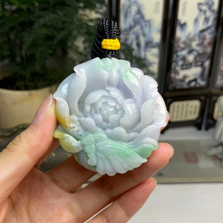 飘绿三彩蝶恋花黄加绿花开富贵挂件 天然翡翠A货