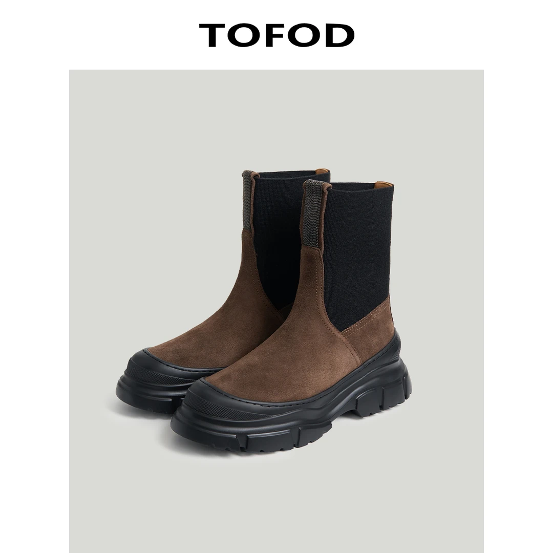 TOFOD  意式咖啡 高丝光牛反绒皮珠奢百搭老钱风短靴厚底增高祼靴