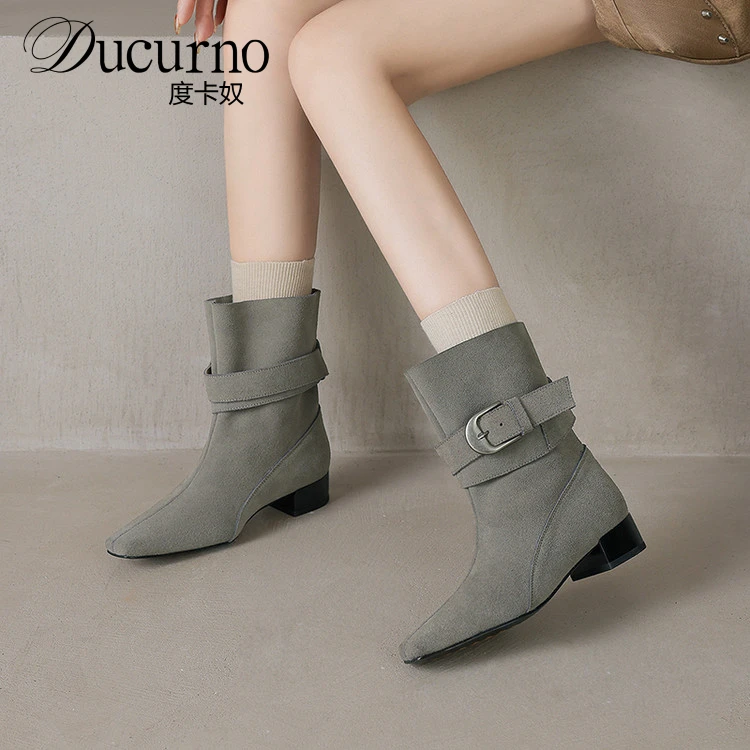 DUCURNO高级感时尚马丁靴女粗跟方头瘦瘦靴网红皮带扣百搭小短靴
