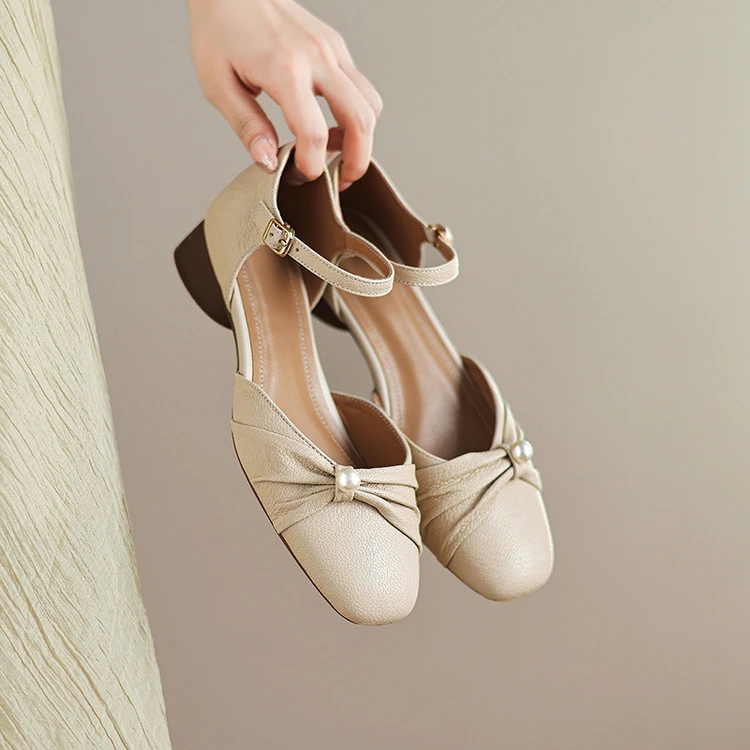 头层羊皮3cm～方头法式复古百搭舒适软底玛丽珍女时装凉鞋夏季粗跟