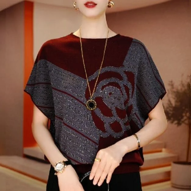 2025夏季新款针织衫薄款高级感短袖圆领拼色T恤印花复古显瘦毛衣