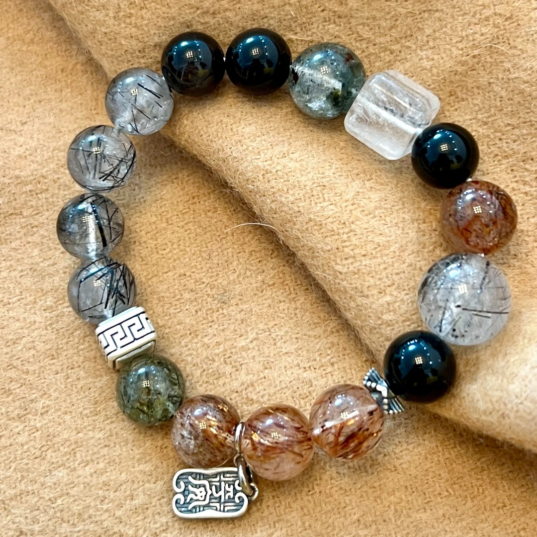 「福寿康宁」「金石为开」黑金超方黑发黑曜石大黑发晶原创设计手串