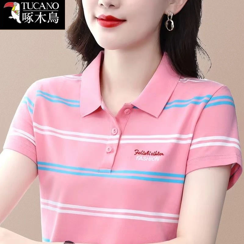 啄木鸟修身显瘦通勤短袖条纹上衣2025年新款女士洋气休闲百搭T恤