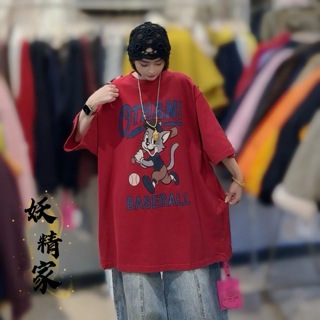 10026 春秋冬款宽松大版卡通印花中长款百搭显瘦减龄圆领短袖T恤