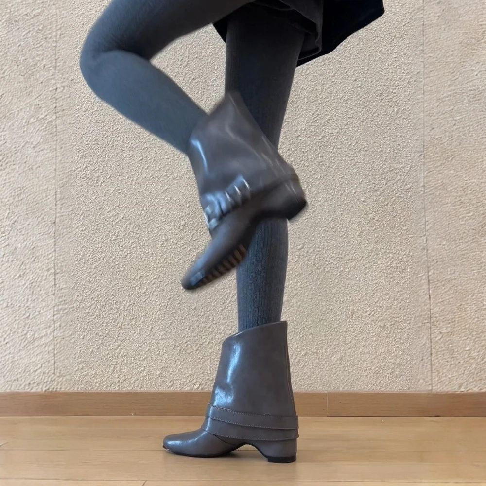 牛皮版~新款复古金属扣西部靴女2025新款气质时尚百搭方头裤管靴