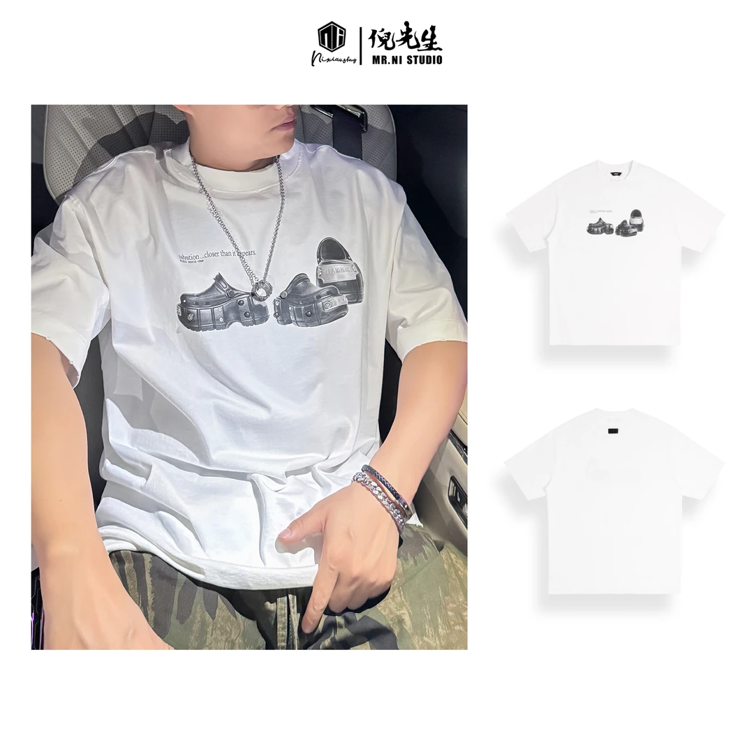 MR.NI/倪先生「行走的肯豆」手工复古铆钉油墨直喷潮鞋图案短袖T恤