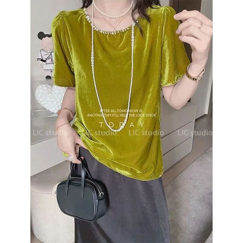 2025夏季圆领钉珠蕾丝拼接丝绒短袖上衣1403