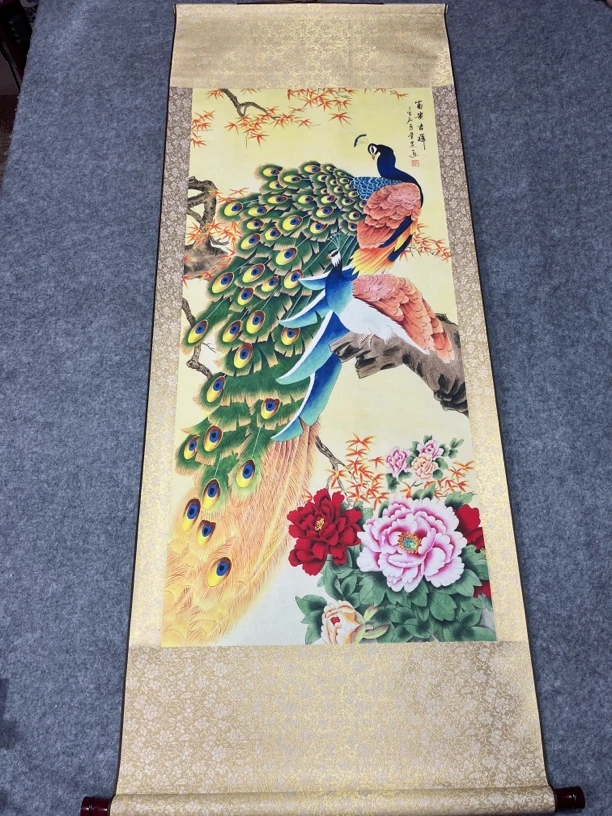 精装精裱60×160《富贵吉祥》国画孔雀