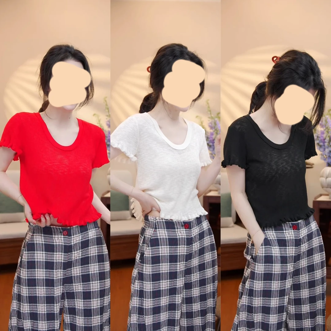 设计感简约套头下摆拼接木耳边针织衫女夏季新款修身短袖上衣